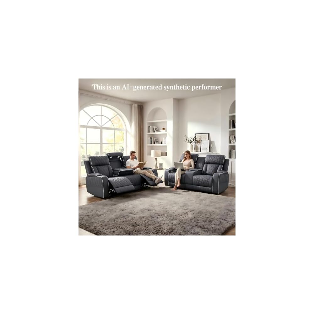 2 Piece Power Recliner Sofa Set with LED Lights, Electric Reclining Living Room Furniture Set with Sofa Loveseat and Chair,Leather Reclining Couch Set with USB Charging/Cup Holders/Storage,Blue Grey
