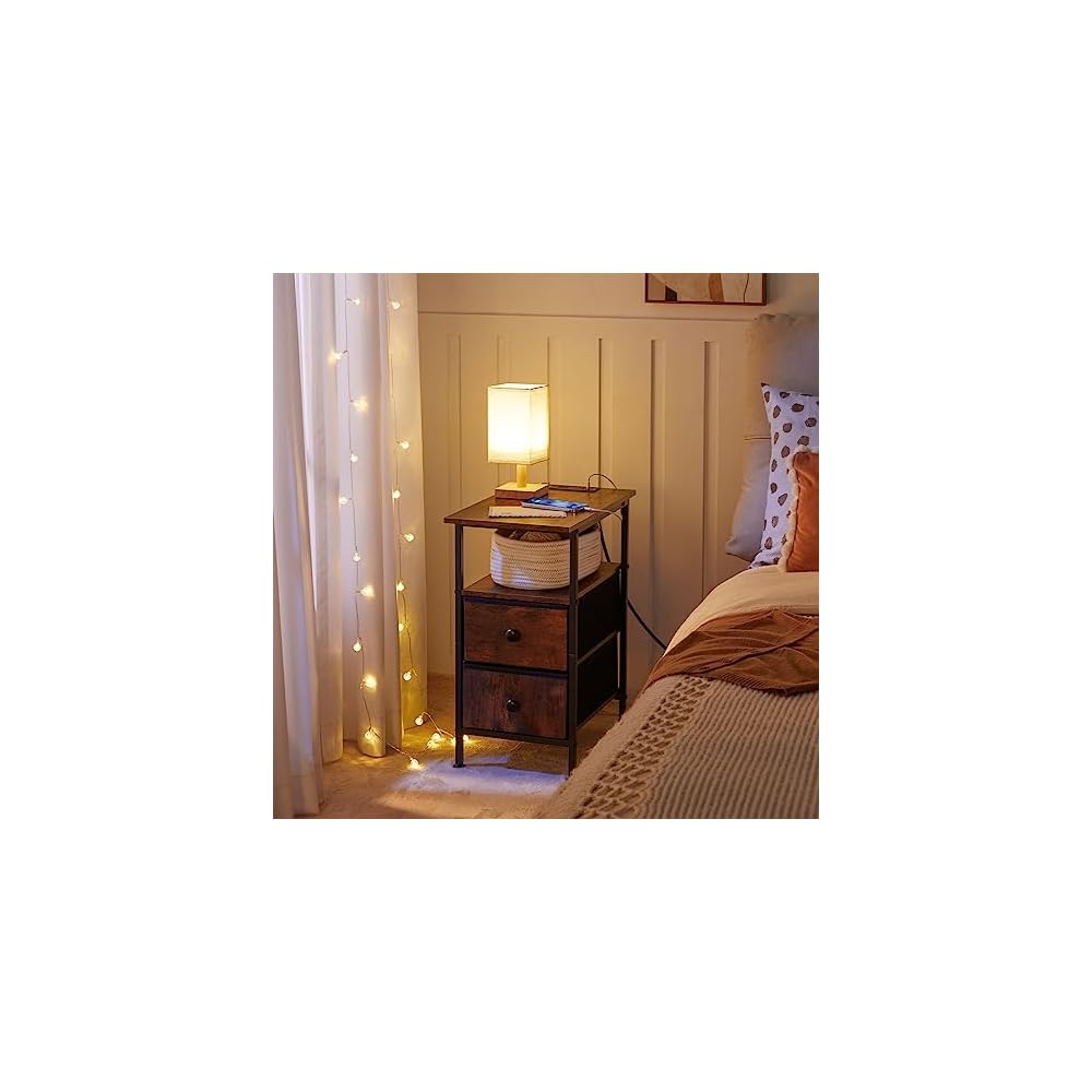 HOOBRO End Table with Charging Station, Narrow Side Table, Nightstand with 2 Non-Woven Drawers, Slim Sofa Side Table, for Small Spaces, Living Room, Bedroom, Rustic Brown and Black BF486UBZ01