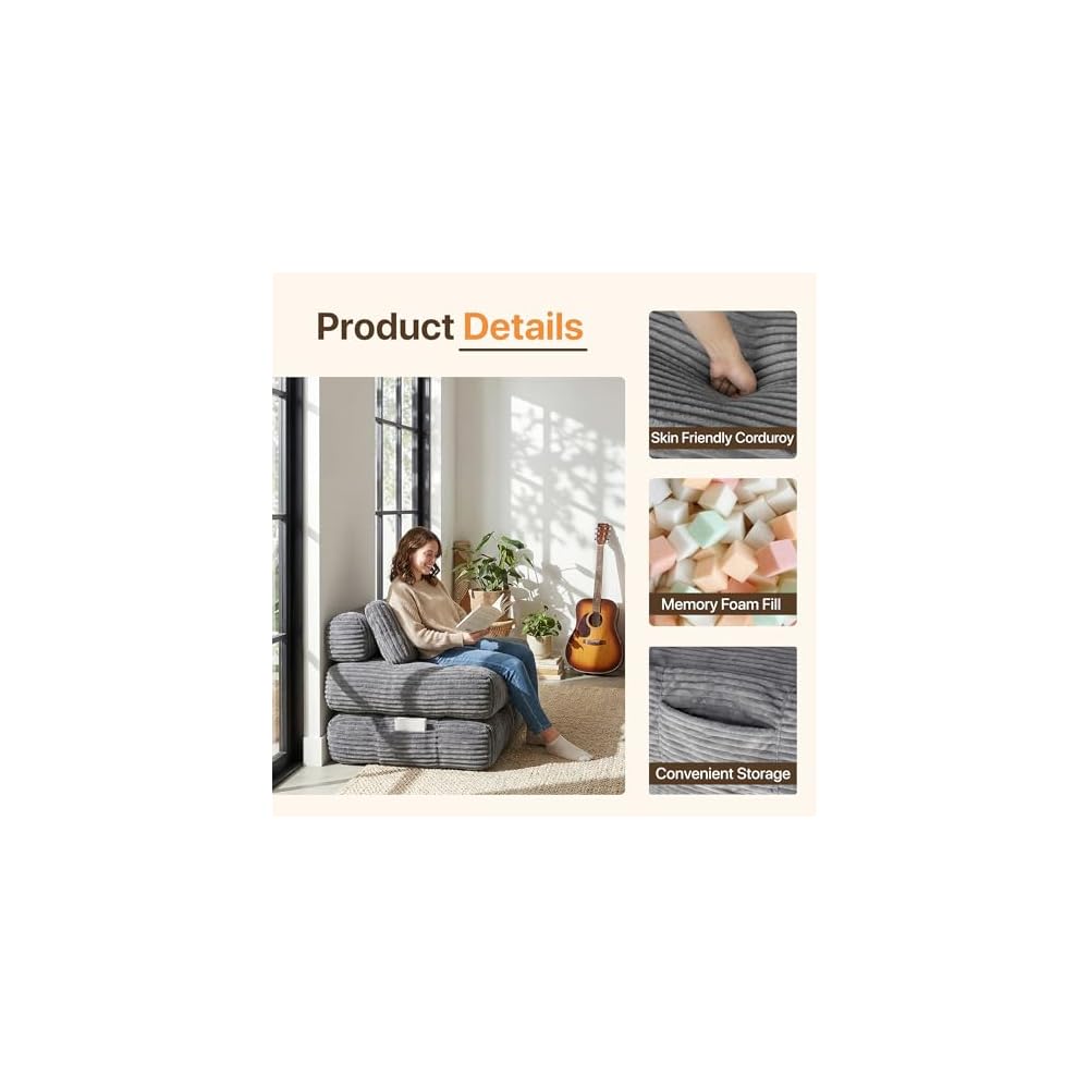 Boneless Chair Folding Sofa Bed, Sleeper Chair, Dark Grey, Single