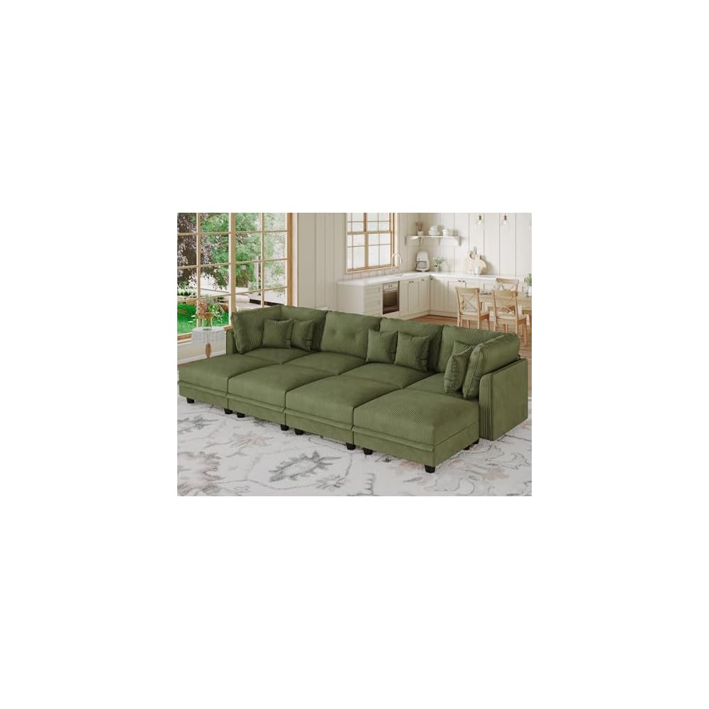 LLappuil Modular Storage Sectional Sofa with Ottoman, U Shaped 8-Seat Corduroy Couch with 6 Throw Pillows, Convertible Sofa Set for Living Room, Skin-Friendly & Soft, Scratch Resistant, Green