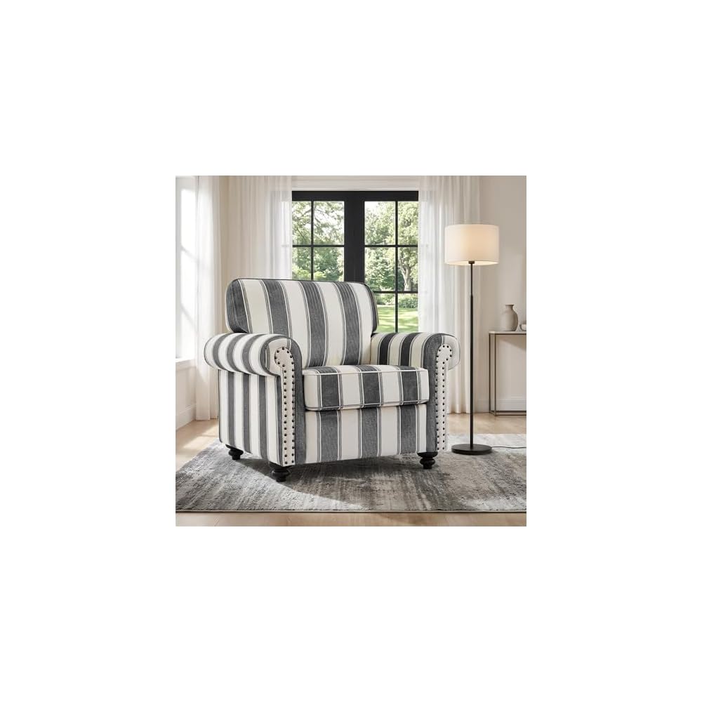 Striped Accent Chairs Set of 2, Comfy Reading Armchair, Black