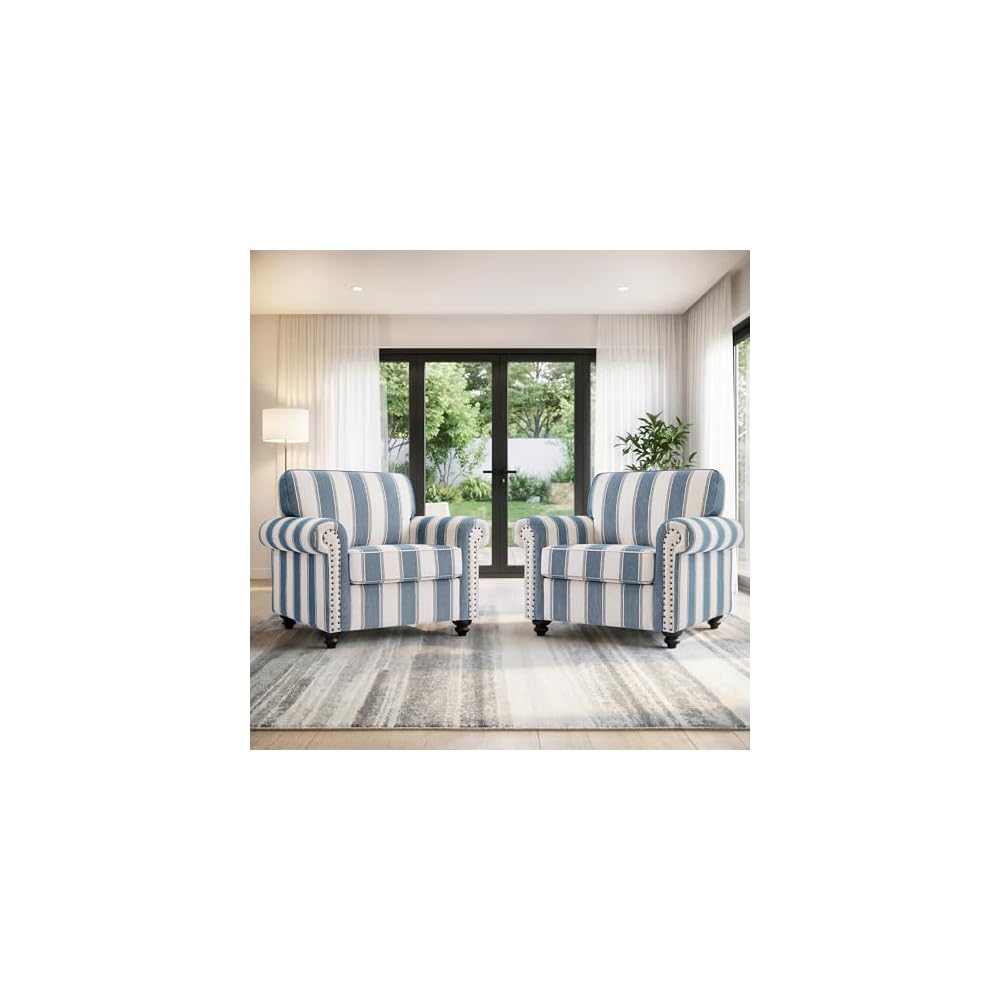 Striped Accent Chairs Set of 2, Comfy Reading Armchair, Black