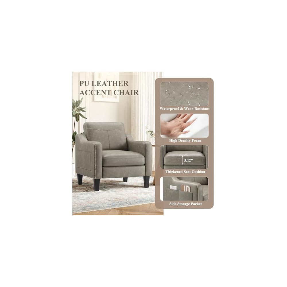 MALOL PU Leather Accent Chair Set of 2 with Solid Wood Frame, Grey