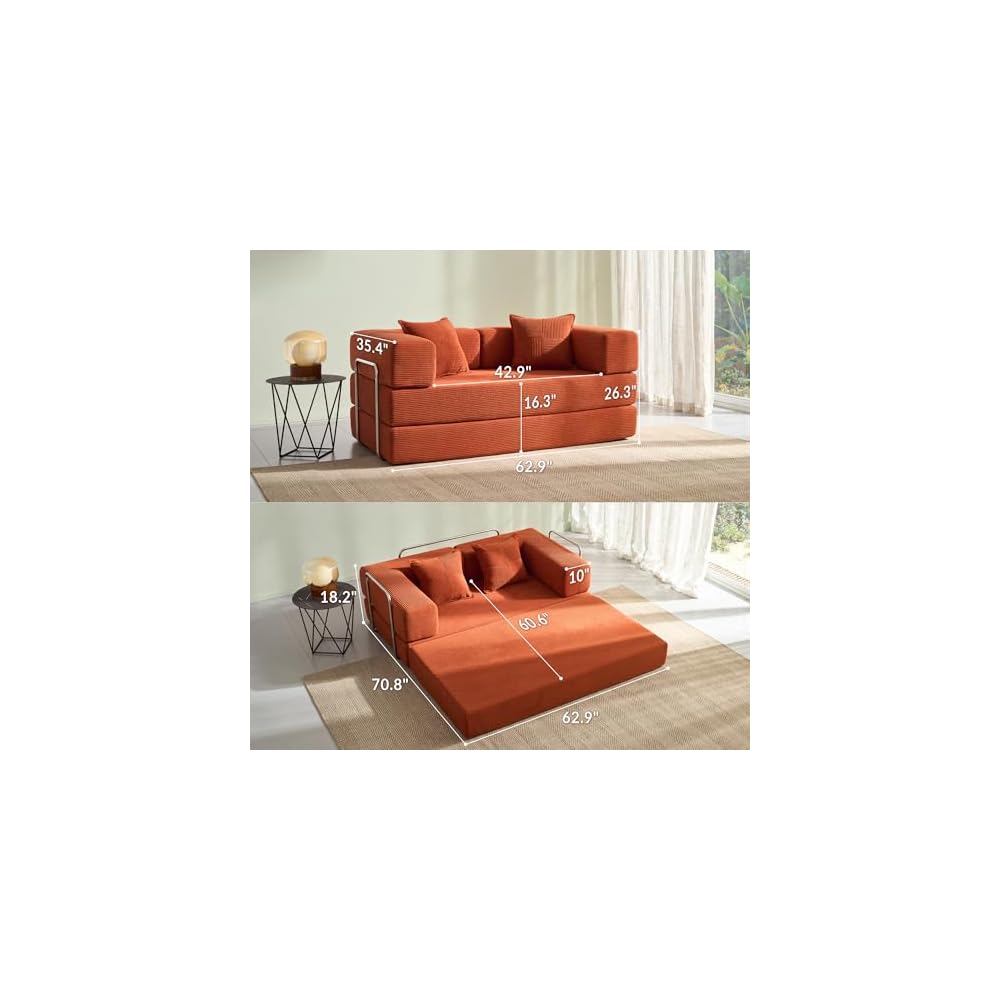 YINIX Foldable Sofa Bed, 62'' Folding Floor Couch, Compressed Convertable Sleeper Sofa, Memory Foam Couch with Pillow Back Support Armrest, 4-in-1 Futon Sofa Bed for Living Room, Orange