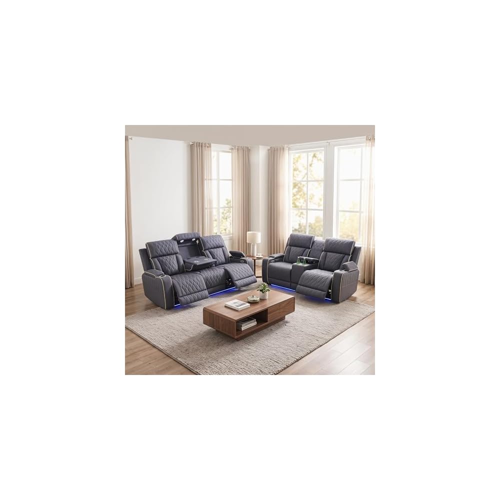 2 Piece Power Recliner Sofa Set with LED Lights, Electric Reclining Living Room Furniture Set with Sofa Loveseat and Chair,Leather Reclining Couch Set with USB Charging/Cup Holders/Storage,Blue Grey