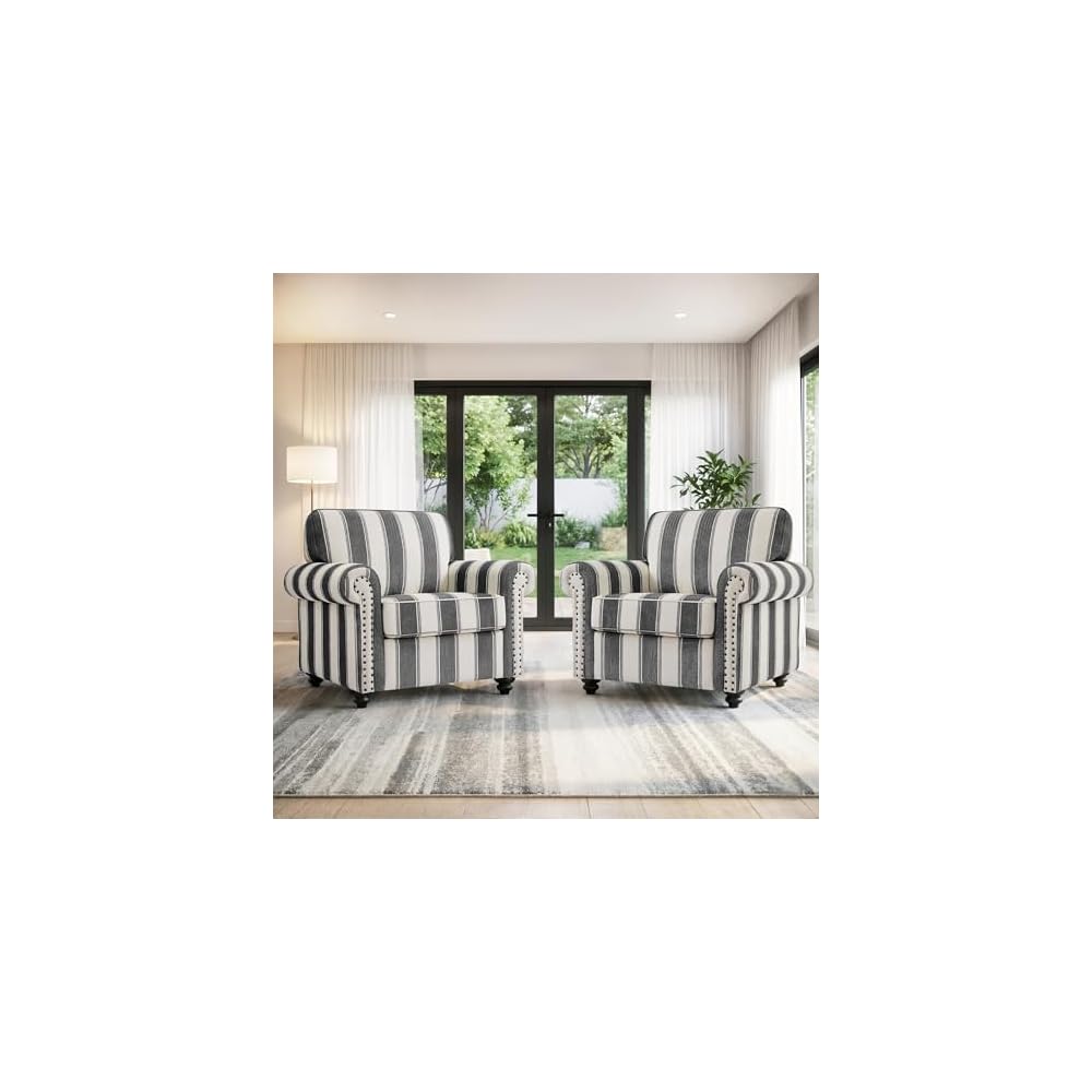 Striped Accent Chairs Set of 2, Comfy Reading Armchair, Black