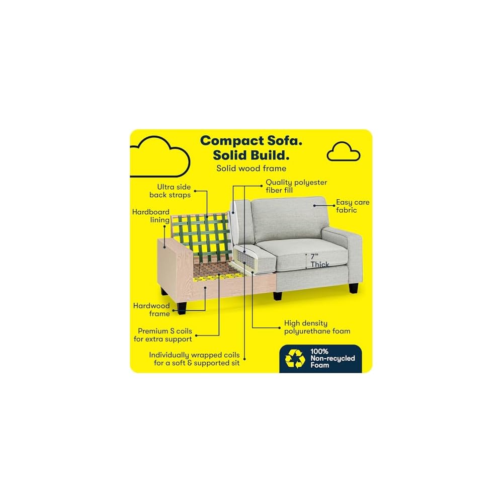 Serta Palisades 73" Track Arm Sofa, Easy Care Polyester, Soft Pillow Back, Pocket Coil Seat Cushions, Removable Covers, Loveseat or Couch for Small Spaces, Living Rooms or Bedrooms, Pebble Gray