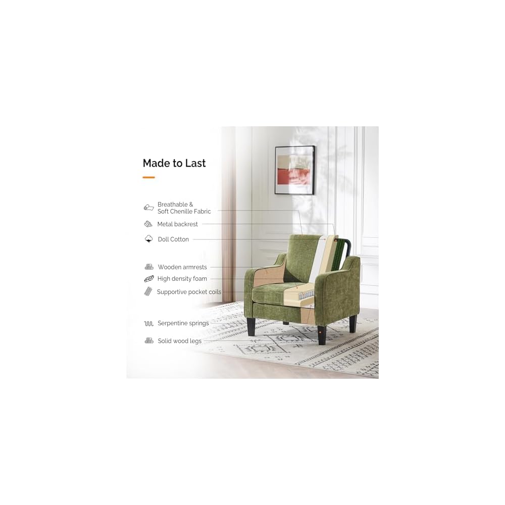 VINGLI Accent Chair, Chenille Upholstered Armchair, 380 LBS, Living Room