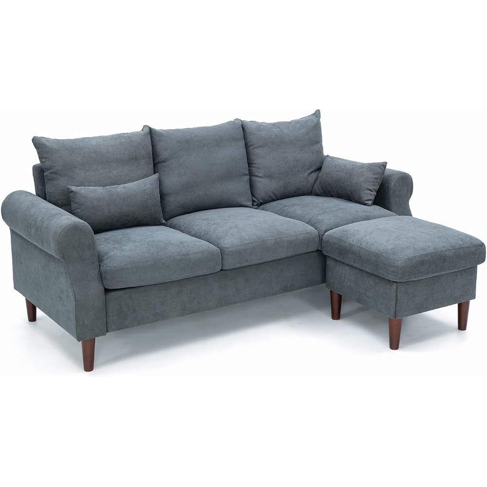 Panana Sectional Sofa Modern Deep 3-Seat Sofa Couch with Ottoman, Upholstered Furniture for Living Room, Apartment, Studio, Office (Grey Linen, Rolled Arms)
