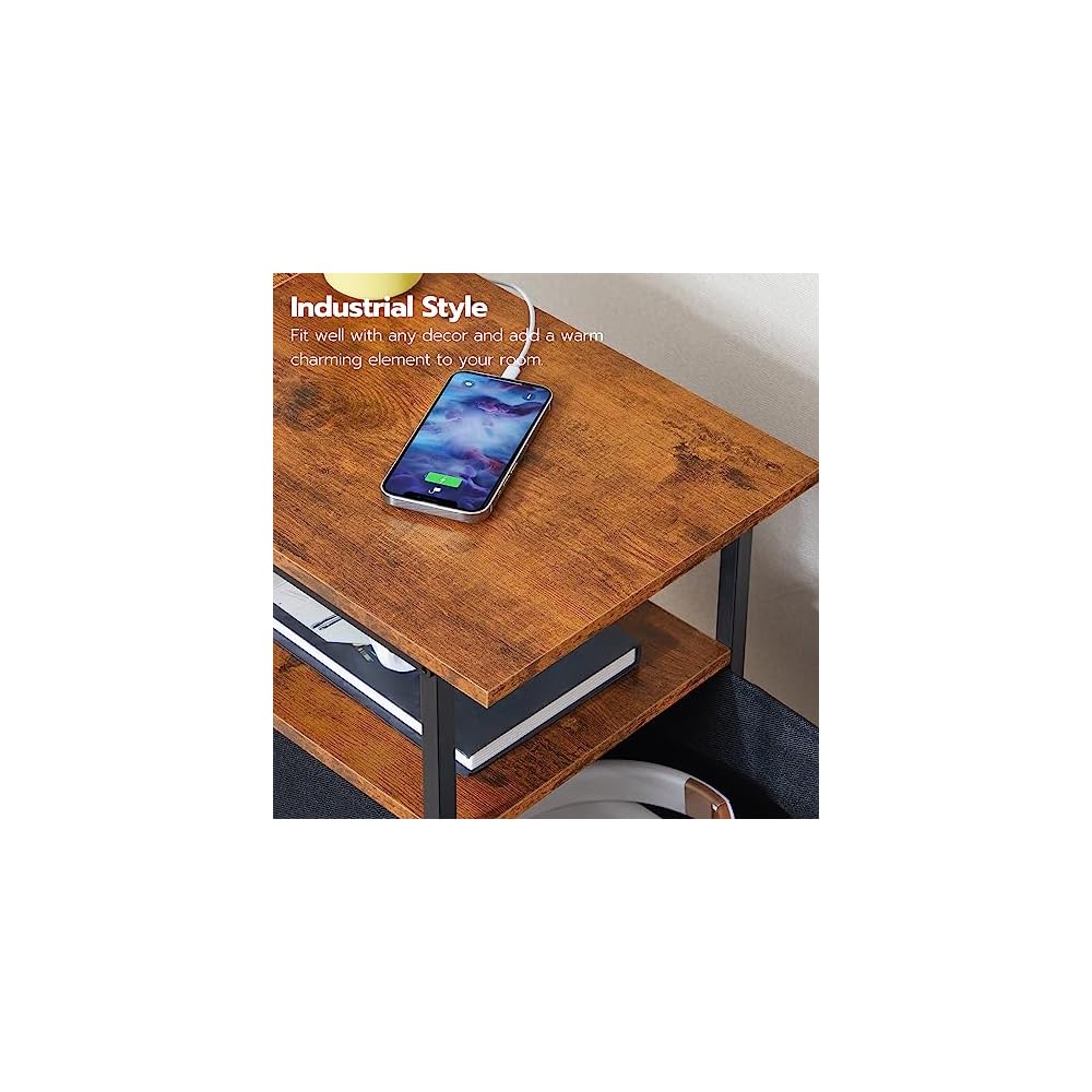 HOOBRO End Table with Charging Station, Narrow Side Table, Nightstand with 2 Non-Woven Drawers, Slim Sofa Side Table, for Small Spaces, Living Room, Bedroom, Rustic Brown and Black BF486UBZ01