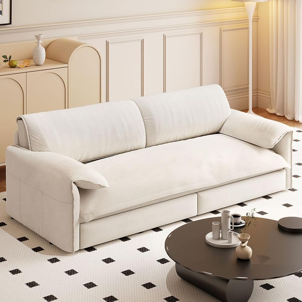 3-in-1 Convertible Sleeper Sofa Bed, Queen Size Pull Out Couch with Storage Pocket, Velvet Loveseat Sofa Bed for Small Space, Apartment, Living Room, Guest Bed,Beige