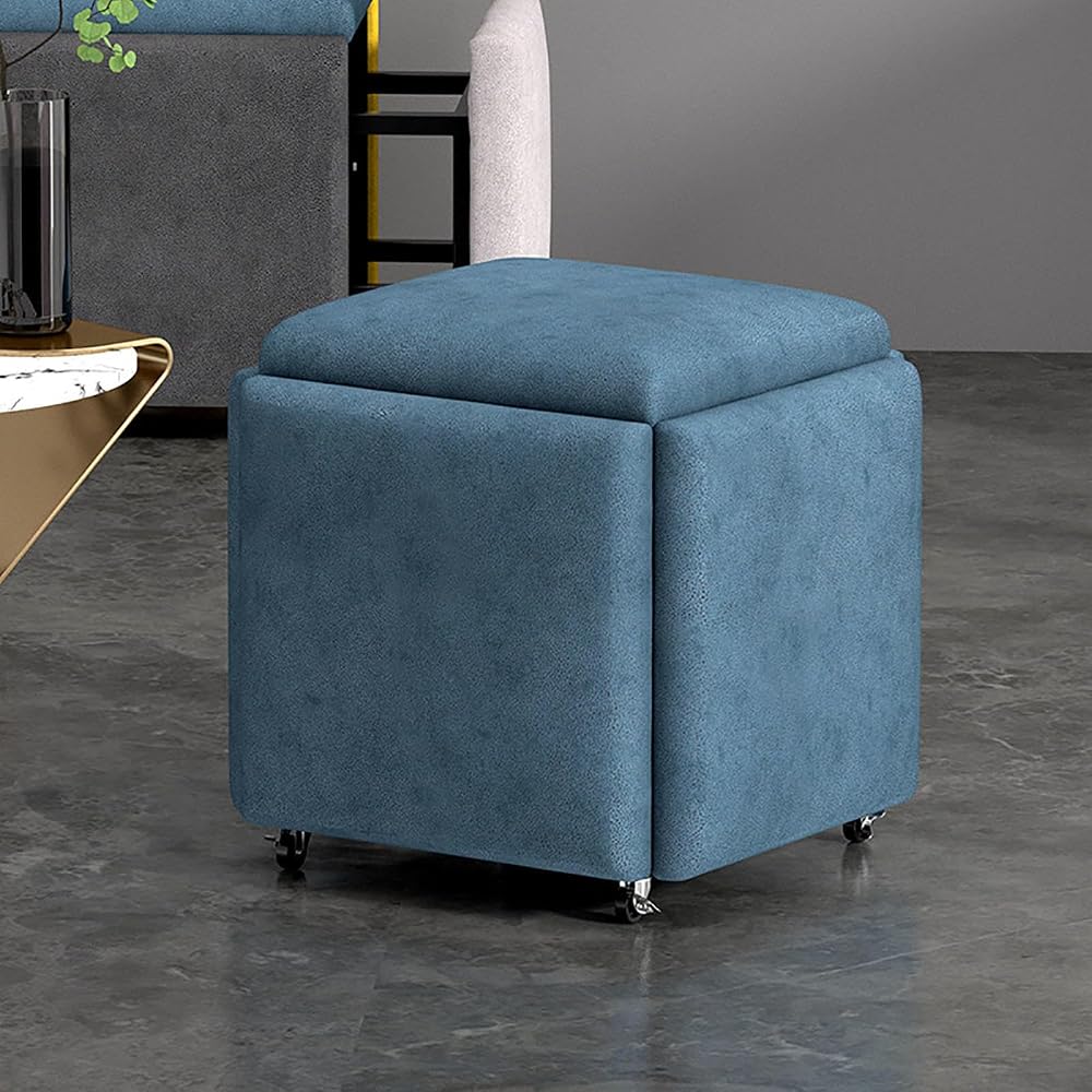 5 in 1 Cube Seat with Swivel Casters Stackable Sofa Chair Stools Blue 18x18 inch Movable Footstool Rolling Chair for Bedroom