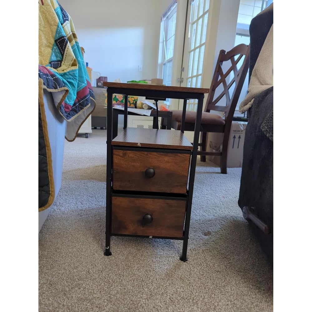 HOOBRO End Table with Charging Station, Narrow Side Table, Nightstand with 2 Non-Woven Drawers, Slim Sofa Side Table, for Small Spaces, Living Room, Bedroom, Rustic Brown and Black BF486UBZ01