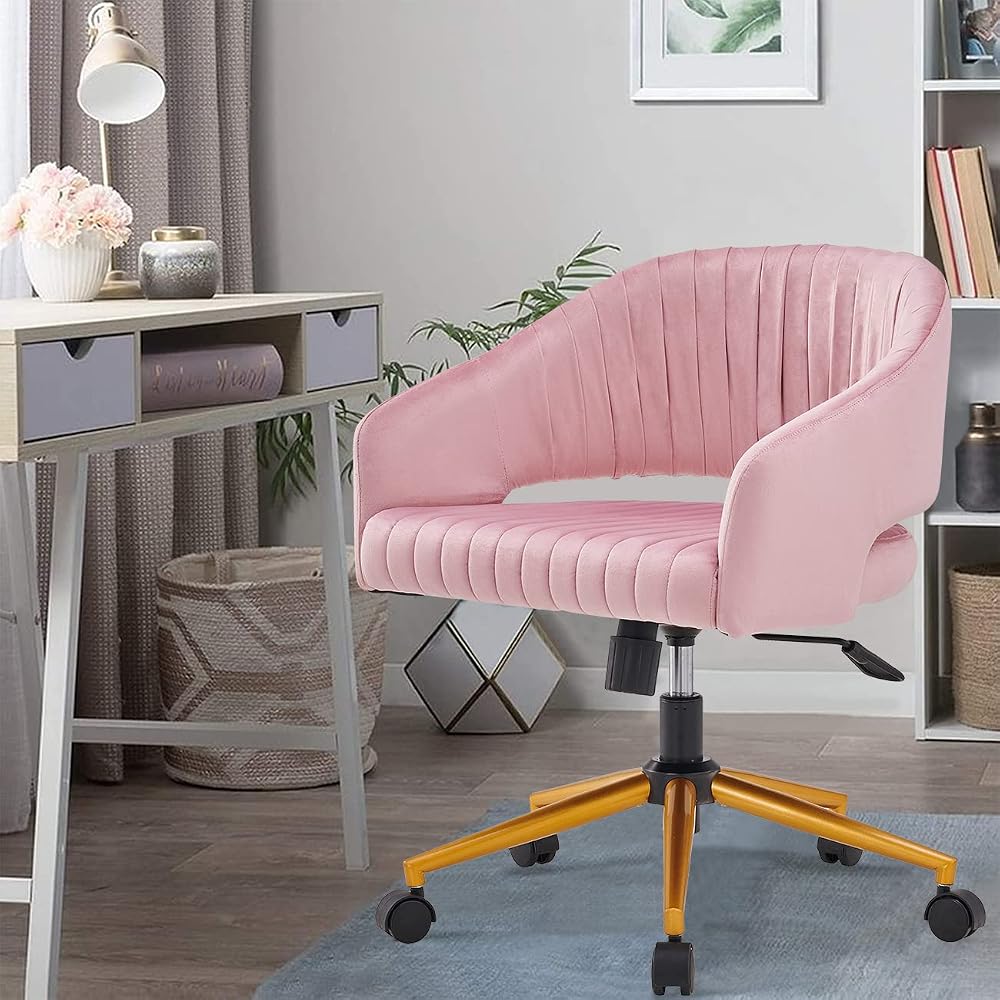 Modern Swivel Velvet Office Desk Chair Pink Color in Gold Metal Luxury Height Adjustable Computer Chair Living Room Chair