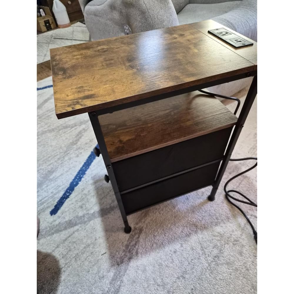 HOOBRO End Table with Charging Station, Narrow Side Table, Nightstand with 2 Non-Woven Drawers, Slim Sofa Side Table, for Small Spaces, Living Room, Bedroom, Rustic Brown and Black BF486UBZ01