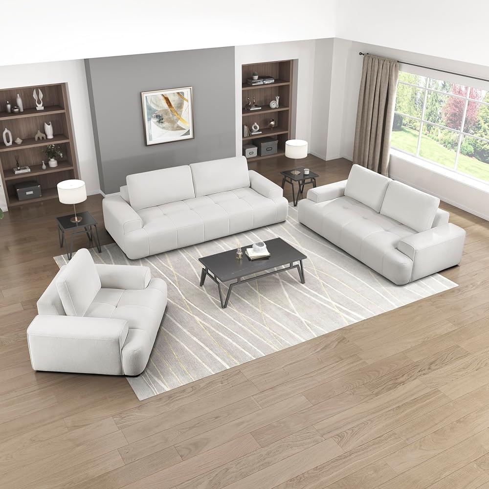 Lexicon 3 Piece Living Room Furniture Sets, Chenille Upholstered Living Room Sofa Set, Tufted Cushion, Removable Back Cushion Covers, Comfy Couches Including Chair,Loveseat & Sofa, Beige