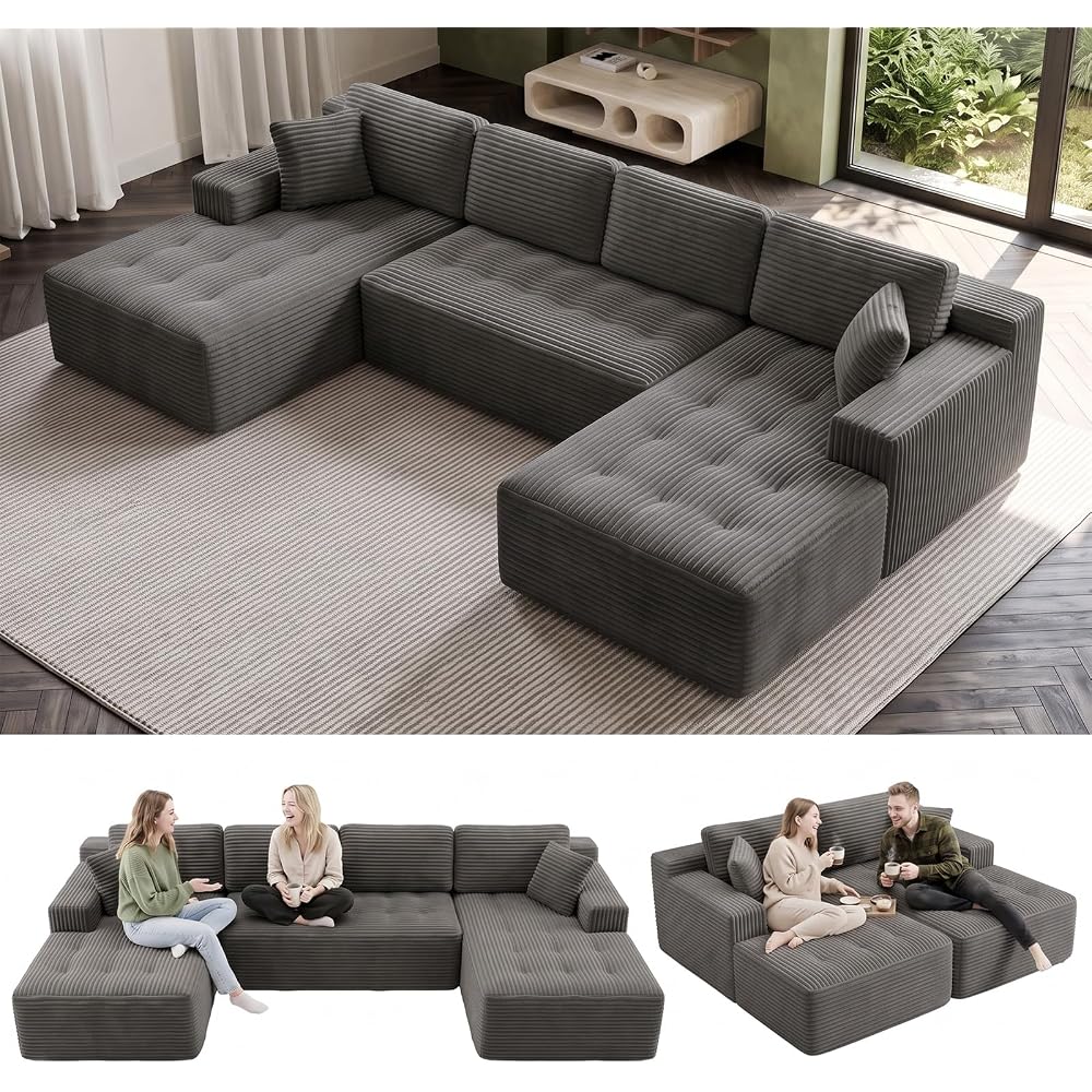 Boneless Modular Cloud Sectional Couch,U Shaped Corduroy Sofa with Tufted Deep Seat,Frame-Free Foam Futon Sofa,No Assembly for Living Room Apartment Studio,Grey