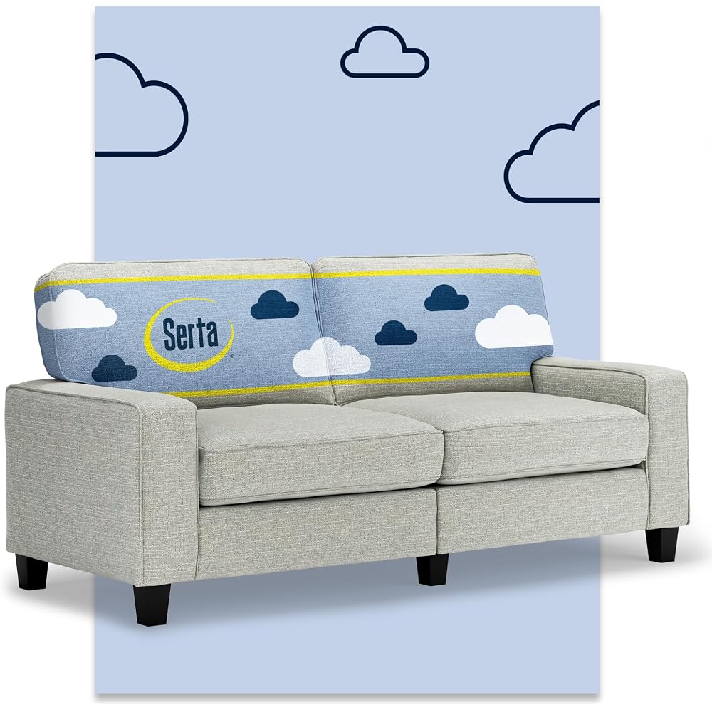 Serta Palisades 73" Track Arm Sofa, Easy Care Polyester, Soft Pillow Back, Pocket Coil Seat Cushions, Removable Covers, Loveseat or Couch for Small Spaces, Living Rooms or Bedrooms, Pebble Gray