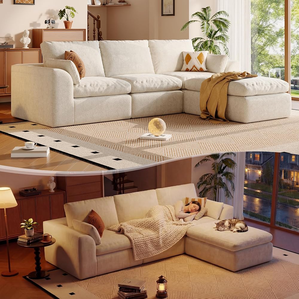 108" Boneless L-Shape Modular Cloud Sectional Sofa with Ottoman