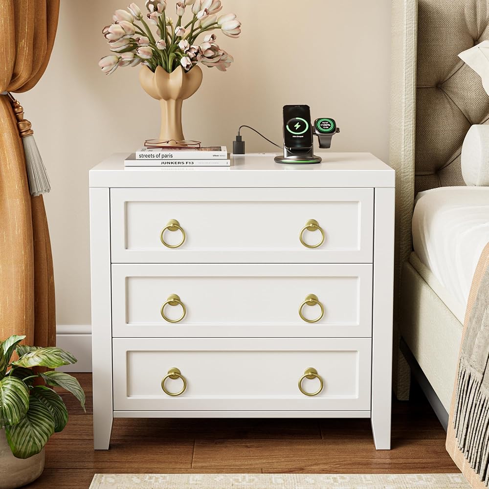 Huuger Night Stand with Charger Station and USB-C Port, 3 Drawer Nightstand