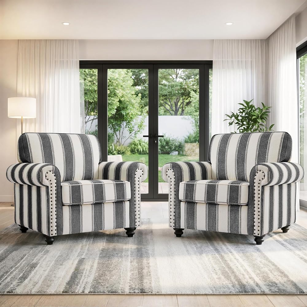 Striped Accent Chairs Set of 2, Comfy Reading Armchair, Black