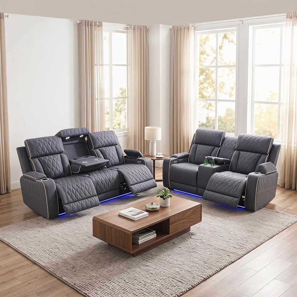 2 Piece Power Recliner Sofa Set with LED Lights, Electric Reclining Living Room Furniture Set with Sofa Loveseat and Chair,Leather Reclining Couch Set with USB Charging/Cup Holders/Storage,Blue Grey