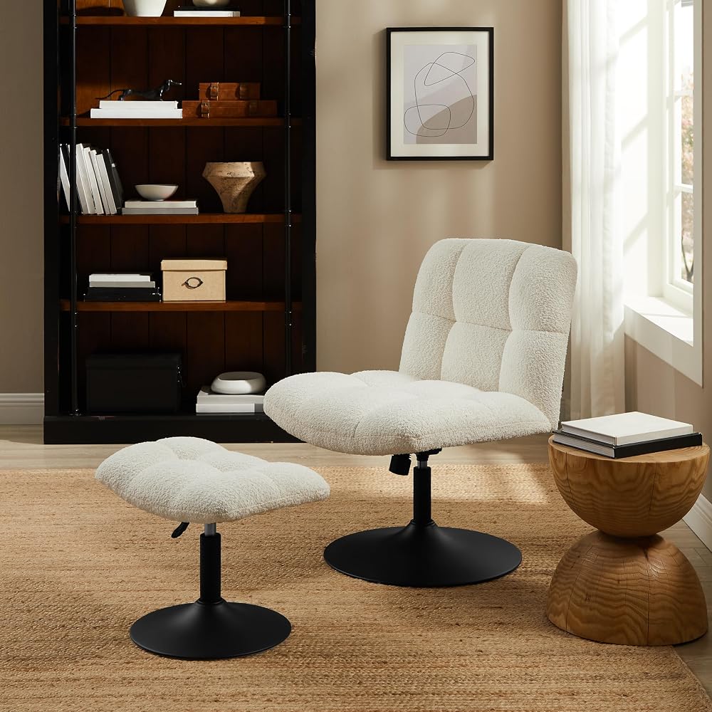 Art Leon Swivel Desk Chair with Footstool, Armless Office Desk Chair No Wheels, Modern Adjustable Backrest and Seat Height Swivel, Metal Base Computer Task Vanity Chair, Beige